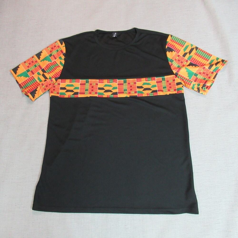 Luc Matton T Shirt Mens XL Black African Print Afro Ethnic Short Sleeve Crew Tee
